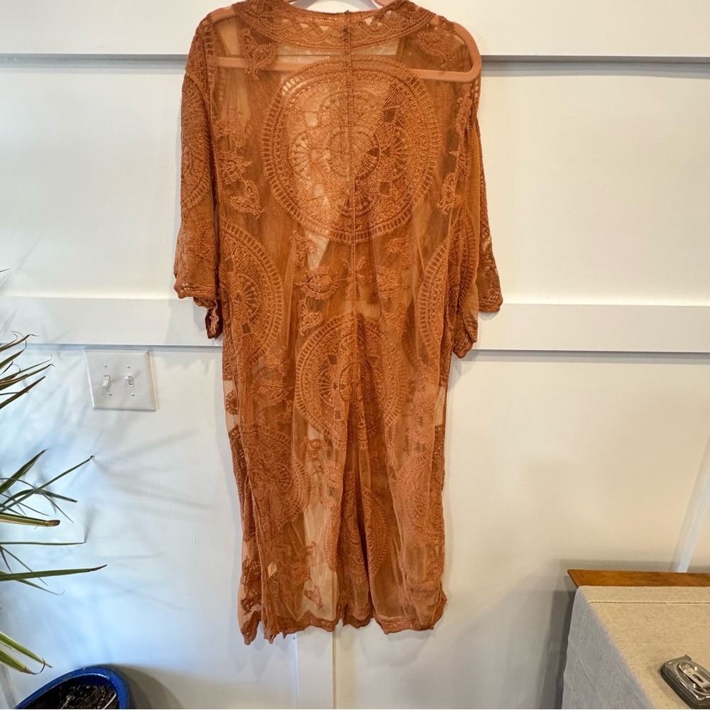 Bsubseach Burnt Orange Lace Kimono Cardigan Sheer Boho Cover Up One Size NWT